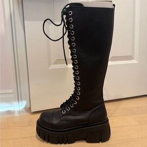 Black Lace-Up Knee-High Boots